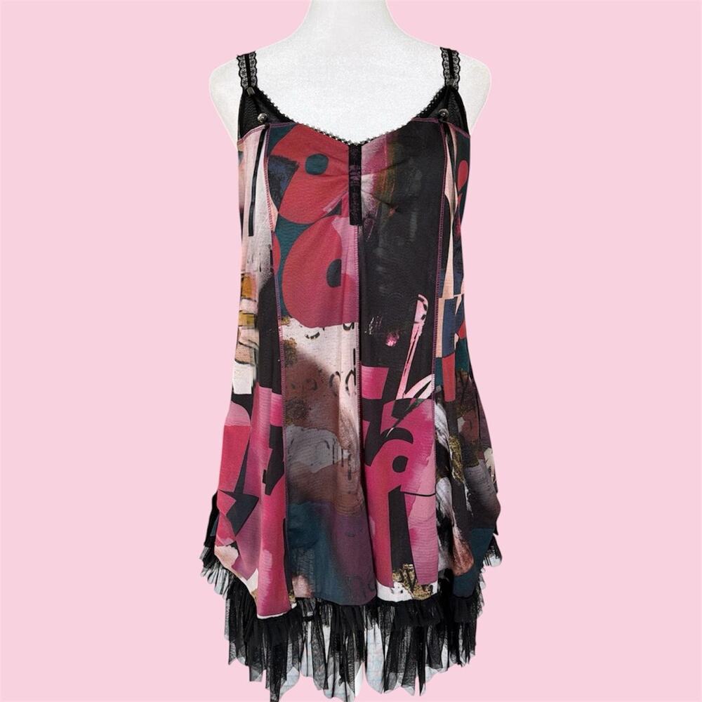 La Mode Est a Vous Y2K abstract print asymmetrical mesh mini dress